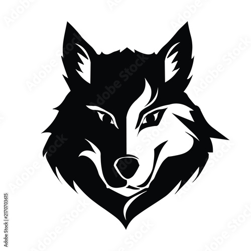 Stylized wolf head logo icon, black and white vector illustration of a wild predator, A minimalist black and white graphic design of a wolf head.