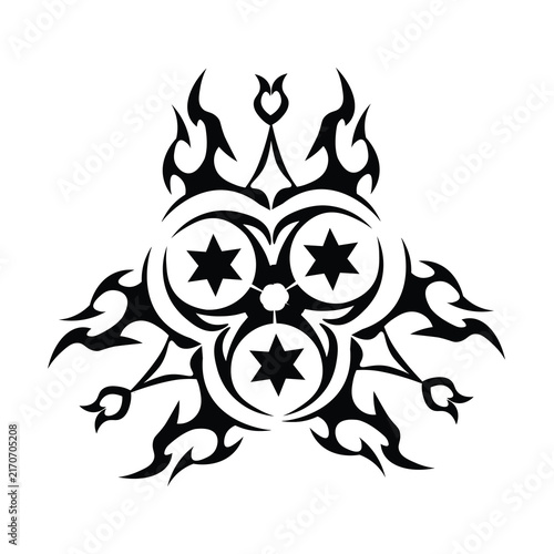 Tribal tattoo design with three stars and flame motifs in black and white vector style.