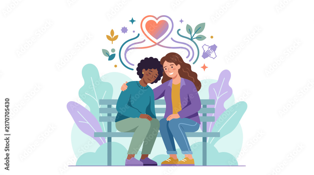 Fotografie Supportive Friends Sitting on a Bench Vector Illustration