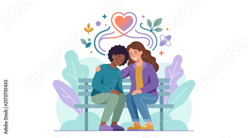 Fotografie Supportive Friends Sitting on a Bench Vector Illustration