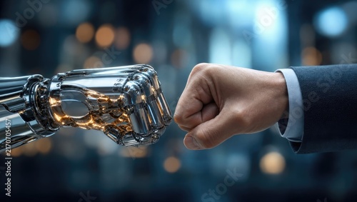 Chrome robotic hand and business executive fist bump in front of abstract blurred lights represents human robot partnership and harmonious digital collaboration.