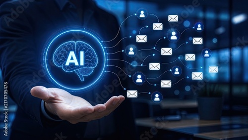 Businessman presenting artificial intelligence brain icon emitting multiple email and contact nodes depicting automated message distribution network system.