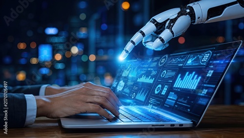 Futuristic robotic hand assisting human operator typing on laptop keyboard with luminous digital data dashboard displaying financial charts and analytics.