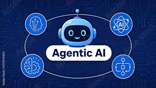 Agentic artificial intelligence robot with brain, atom, gear, and flowchart icons represents autonomous smart assistant for various tasks.