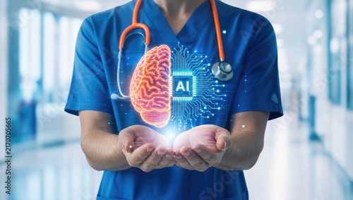 Medical professional holding glowing digital brain with ai chip in clinic hallway highlighting role of artificial intelligence in healthcare and diagnostics.