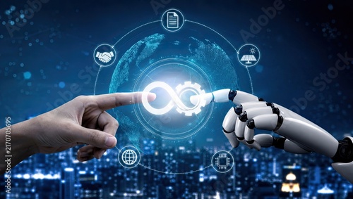Human hand and robotic arm touching infinity gear symbol over glowing city skyline illustrating global collaboration between man and artificial intelligence.