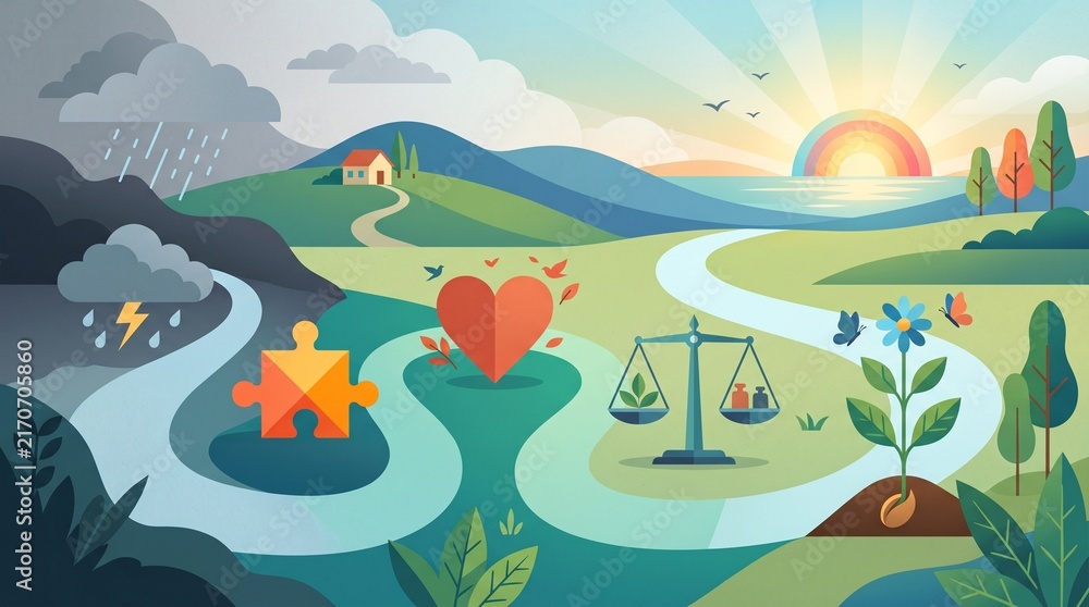 Obraz premium Psychological therapy journey with cloud, puzzle, heart, balance, growing plant and sunrise symbols, visual mental health recovery concept in flat vector style.