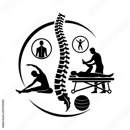 Black Line Art Illustration Of Human Spine With Physical Therapy And Spinal Health Symbols