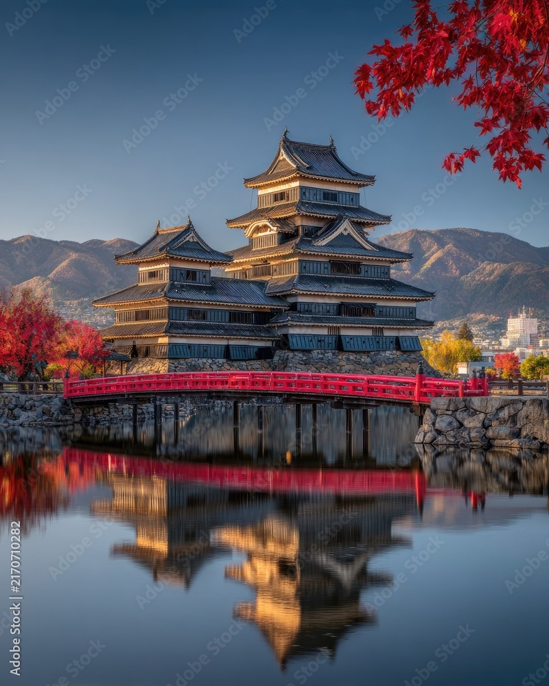 Obraz premium Matsumoto Castle with Red Bridge and Autumn Foliage Reflection