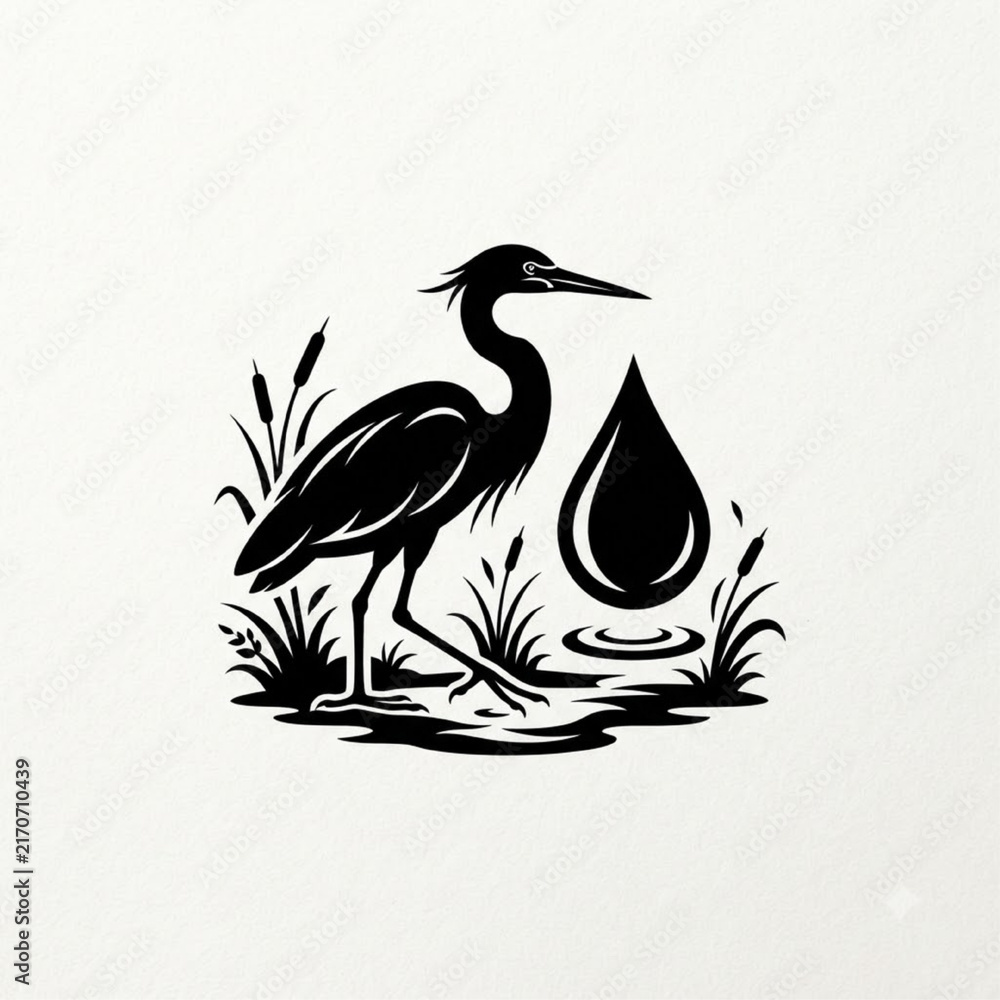 Fototapeta premium Black and white heron bird with water drop symbol