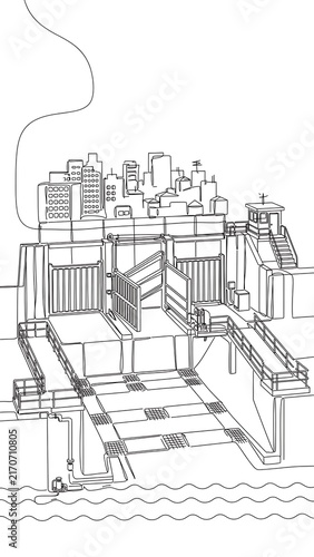 Industrial factory line art white background.