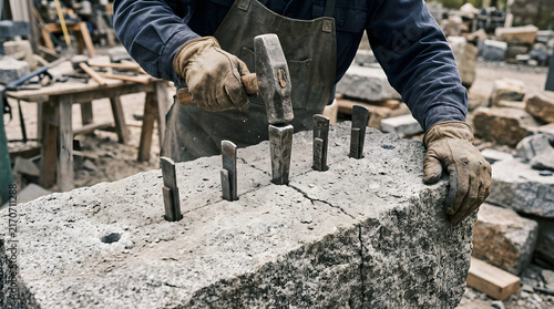 Stonemason strikes a metal wedge with a hammer to split a large block of granite at a stone quarry workshop.
