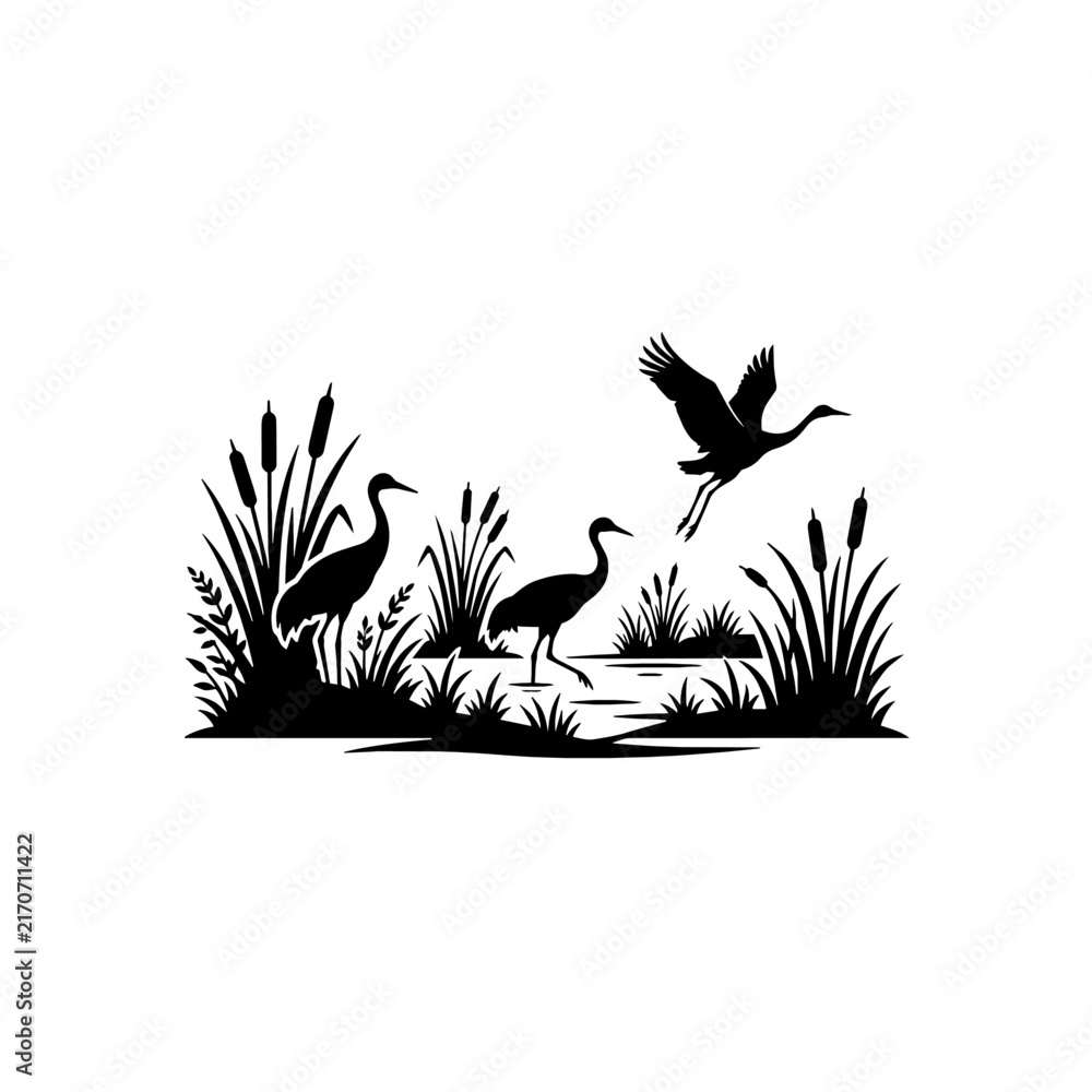 Naklejka premium Black silhouette of cranes in a swamp with cattails