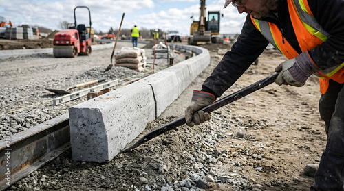 Construction worker uses a crowbar to position a concrete curb stone along a road development site.