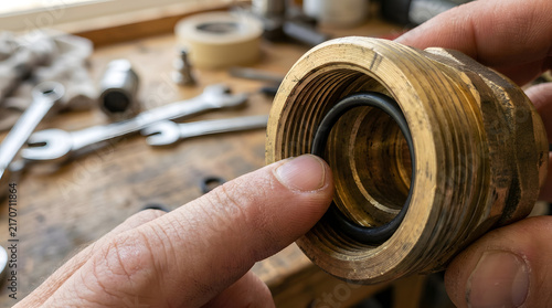 Plumber examines a rubber o-ring seal inside a brass pipe fitting while working at a wooden workbench.