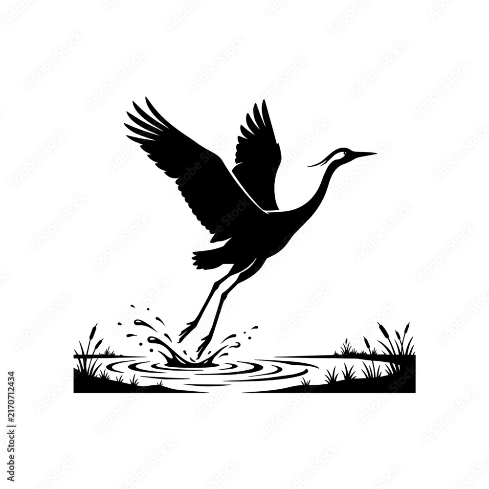 Naklejka premium Black silhouette of a crane flying from water vector illustration