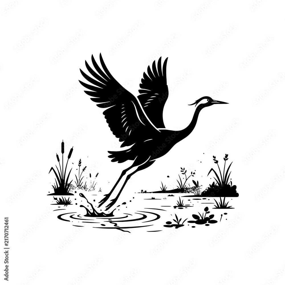 Naklejka premium Black silhouette of a crane flying over water vector illustration