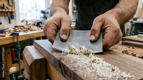 Carpenter smooths the surface of a dark walnut wooden board using a sharp metal hand plane in his workshop.