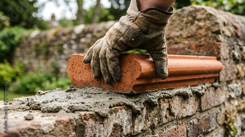 Mason places a heavy red clay brick onto a fresh bed of wet mortar to construct a garden wall outdoors.