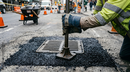 Construction worker compacts fresh asphalt around a metal storm drain cover using a heavy manual hand tamper tool on a city street.