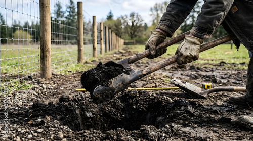 Laborer uses a pointed shovel to dig a deep hole in the muddy ground for a new fence post installation.