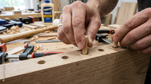 Woodworker inserts wooden dowels into pre-drilled holes on a thick oak board during the assembly of a custom furniture project.