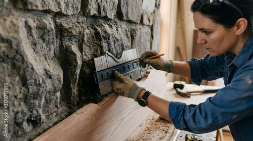 Carpenter uses a contour gauge to measure the uneven profile of a natural stone wall for a wooden shelf installation.