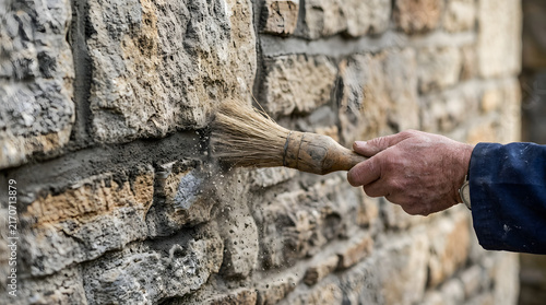 Mason uses a wire brush to clean mortar joints on a rustic stone wall during a restoration project.