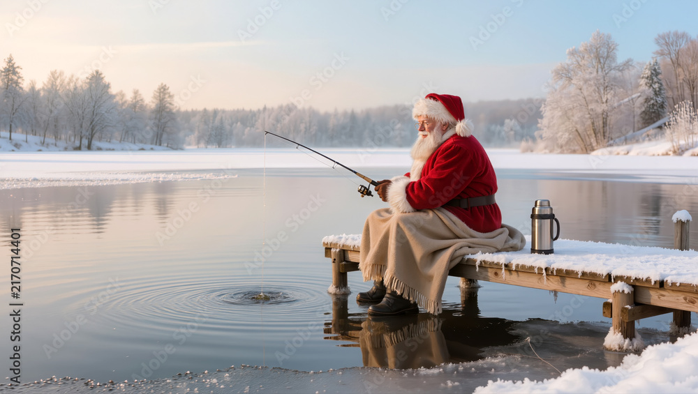 Obraz premium Santa fisherman sits on a snowy dock beside a frozen lake, holding a fishing rod in a peaceful Christmas winter landscape scene