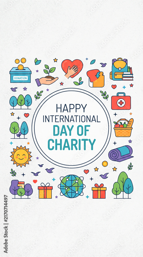 Naklejka premium International Day of Charity Greeting Banner with Donation Box, Food Basket, Medical, and World Care Icons Background