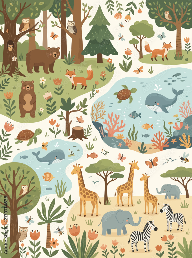 Naklejka premium Whimsical Forest and Wildlife Habitat Scene with Diverse Animals in Nature