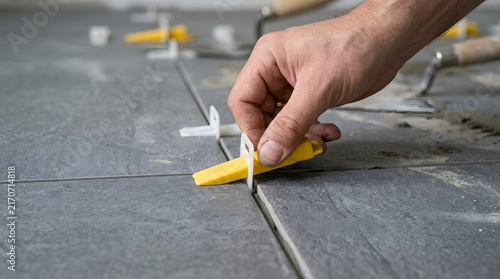 Tiler inserts a plastic leveling wedge into a clip to align floor tiles during a home renovation.