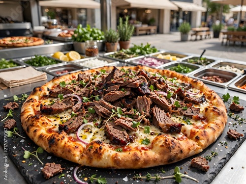 Delicious gourmet pizza topped with tender pulled beef brisket, red onions, and fresh microgreens on a black slate
