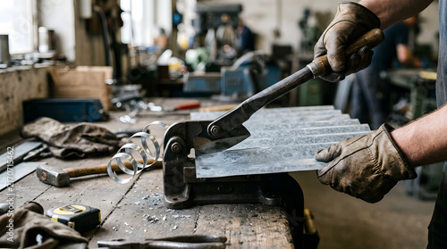 Metalworker operates a heavy-duty manual shear to cut through a sheet of galvanized steel on a worn wooden workbench in a busy industrial manufacturing facility.