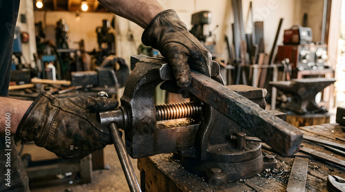 Blacksmith secures a heavy iron bar tightly within a sturdy metal vise inside a rustic workshop.