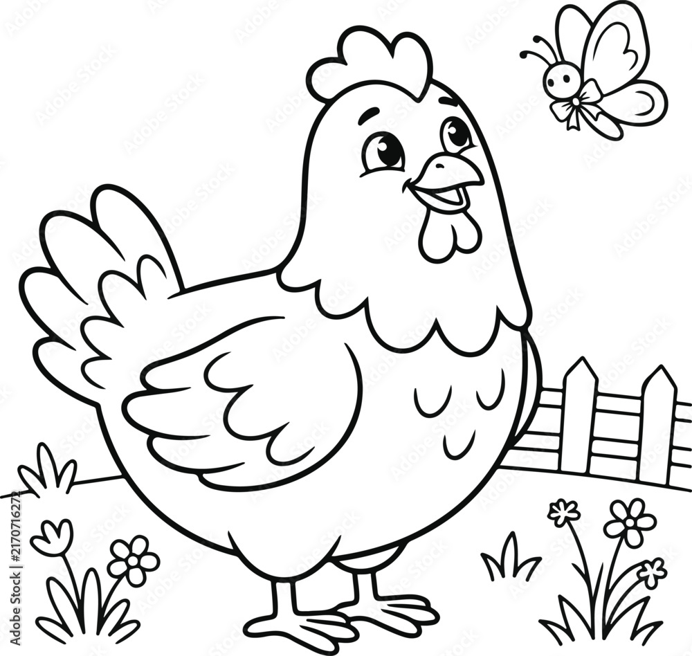 Fototapeta premium Cute cartoon chicken with a butterfly in a meadow, coloring page for kids