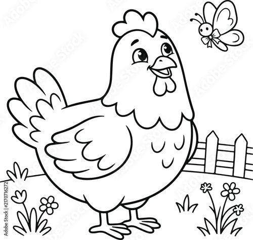 Cute cartoon chicken with a butterfly in a meadow, coloring page for kids