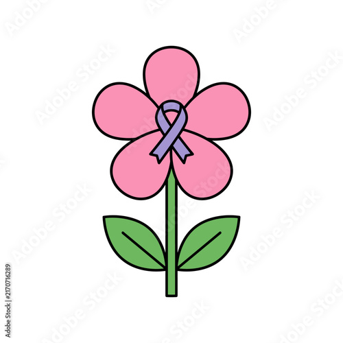 Pink flower with purple awareness ribbon on white background