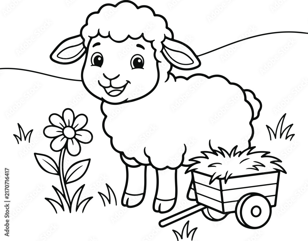 Obraz premium Cute cartoon lamb standing next to a flower and a cart of hay
