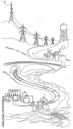 Industrial infrastructure sketch on white background.
