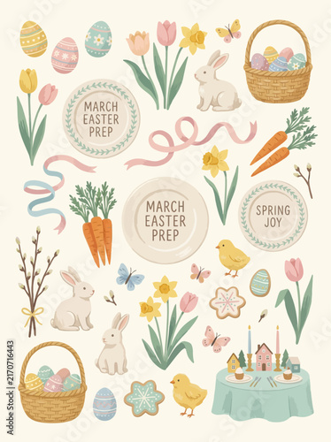 Charming Hand Drawn Easter Holiday Elements and Spring Seasonal Illustrations Set