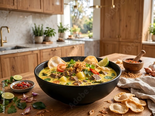 Hearty and aromatic beef coconut milk soup, filled with tender potatoes and traditional spices, beautifully served with fresh toppings in a bright, inviting kitchen setting