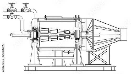 Industrial jet engine diagram white background.