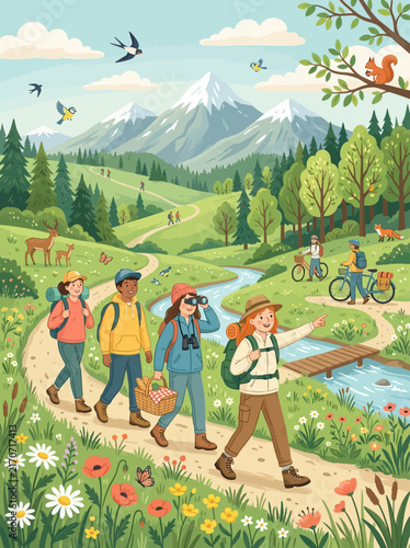 Group of Friends Enjoying a Nature Hike Through the Mountains and Forest