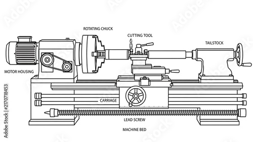 Fototapeta Detailed lathe machine diagram white background.