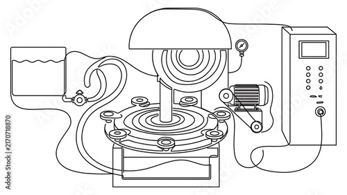Industrial lathe machine diagram white background.