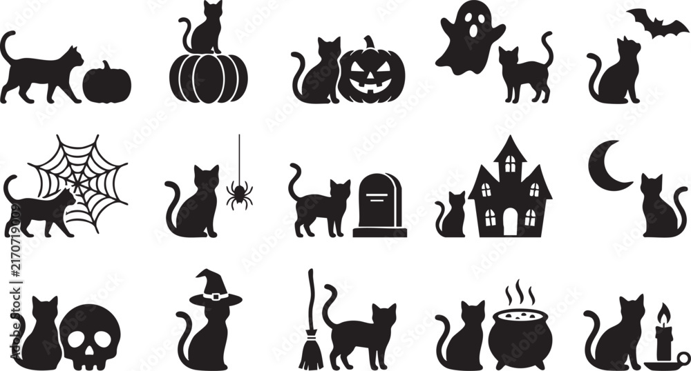 Obraz premium Black Halloween cat silhouette vector icon set for spooky seasonal designs and decorations