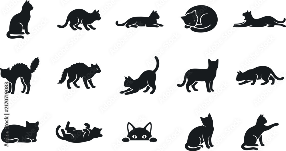 Obraz premium Black Cat Silhouette Icon Set with Various Poses and Actions for Halloween Designs, Logos, Stencils, Patterns, and Decorative Vector Graphics