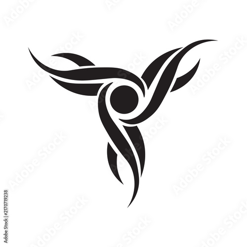 Abstract tribal swirl icon, black vector graphic of a stylized three-pointed floral shape.