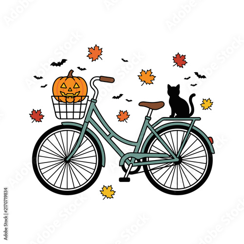 Cute Halloween Bicycle with Pumpkin and Black Cat on White Background